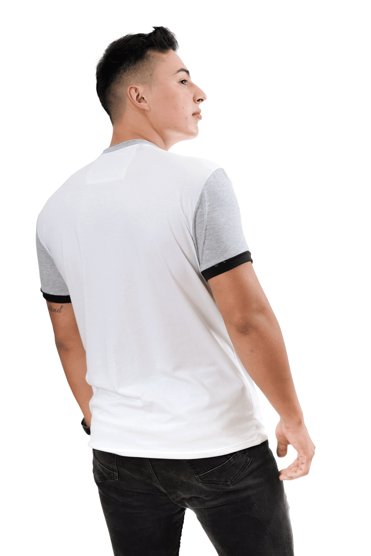 grupo luthier lado 3 Camiseta cuello redondo T-shirt para hombre combinada color blanco jaspe negro