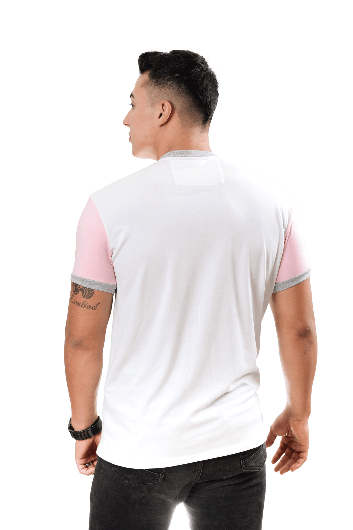 grupo luthier lado 3 Camiseta cuello redondo T-shirt para hombre combinada color blanco rosado jaspe