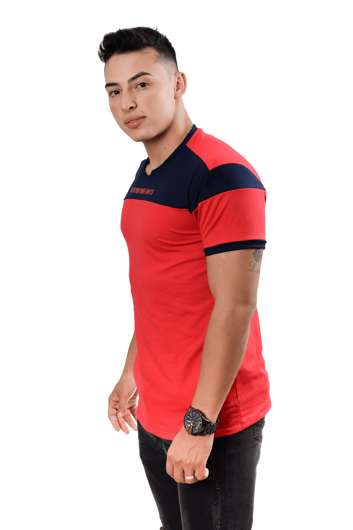 grupo luthier lado 3 Camiseta cuello redondo T-shirt para hombre combinada color rojo azul oscuro