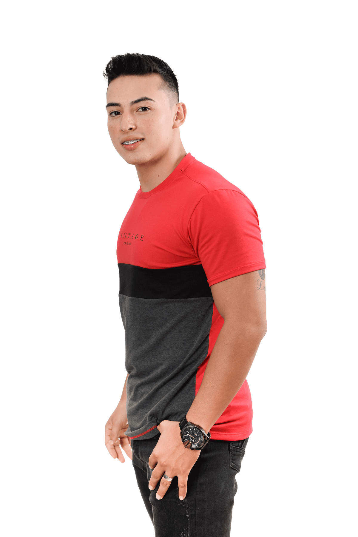 grupo luthier lado 3 Camiseta cuello redondo T-shirt para hombre combinada color rojo negro Cross