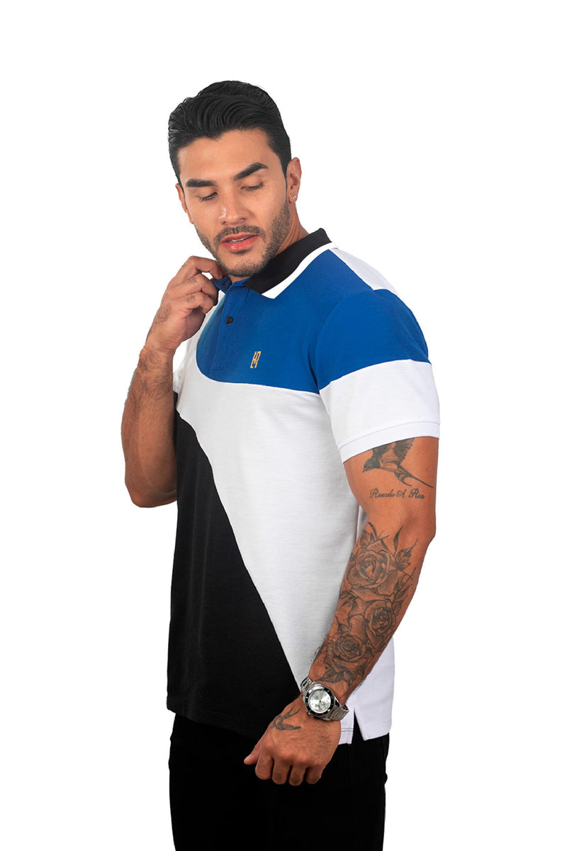 grupo luthier lado 3 Camiseta tipo polo combinada para hombre color azul rey blanco negro