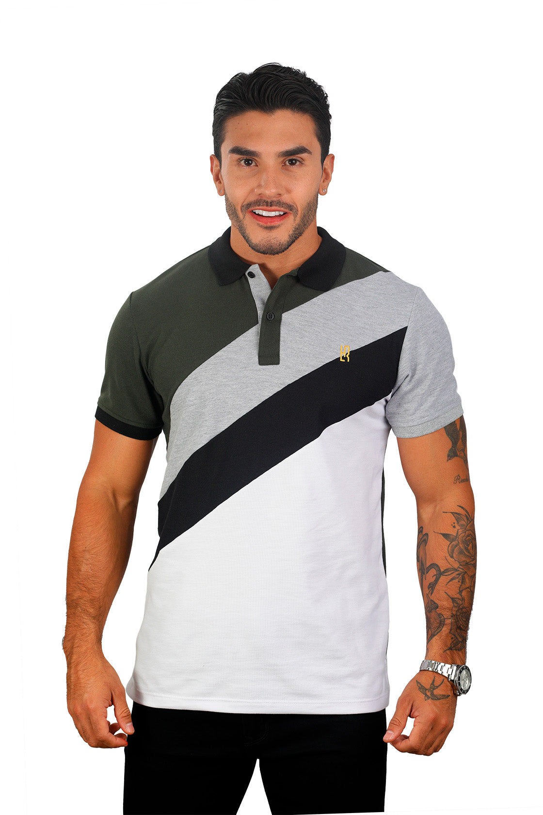 grupo luthier lado 3 Camiseta tipo polo combinada para hombre color militar jaspe negro blanco