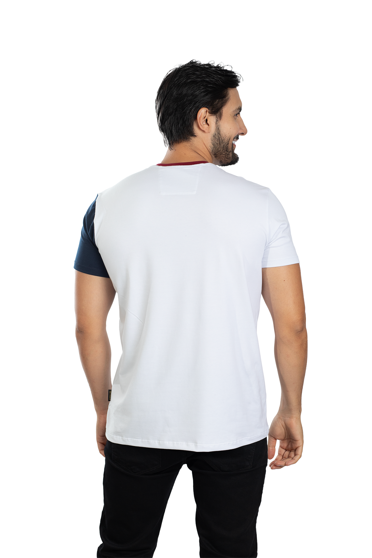 grupo luthier lado 4 Camiseta cuello redondo T-shirt para hombre combinada color Vinotinto azul oscuro blanco