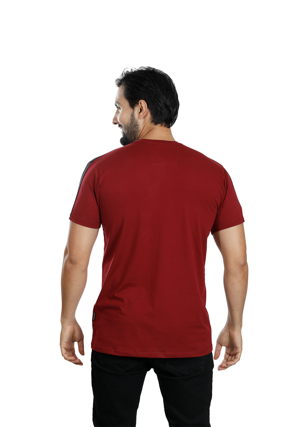 grupo luthier lado 4 Camiseta cuello redondo T-shirt para hombre combinada color Vinotinto blanco negro
