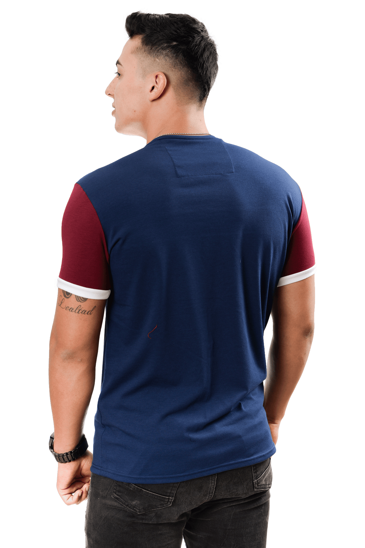 grupo luthier lado 4 Camiseta cuello redondo T-shirt para hombre combinada color azul oscuro Vinotinto blanco